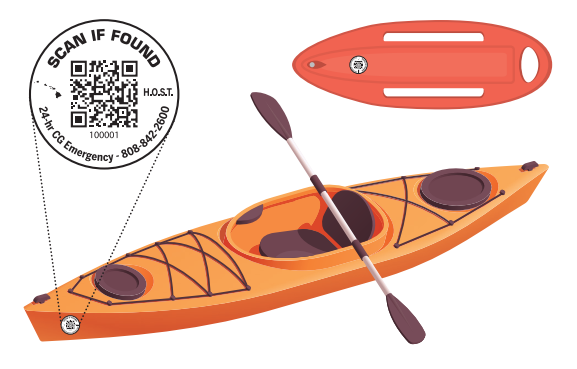 A kayak adrift at sea carrying a Scan If Found QR decal